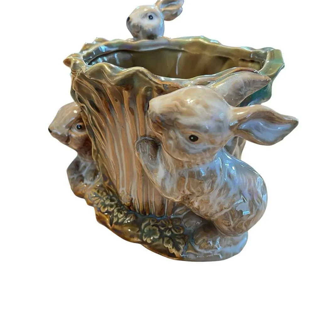 Bunny Rabbit Planter Vintage Ceramic Cabbage Peter Rabbit Glazed Retro Country